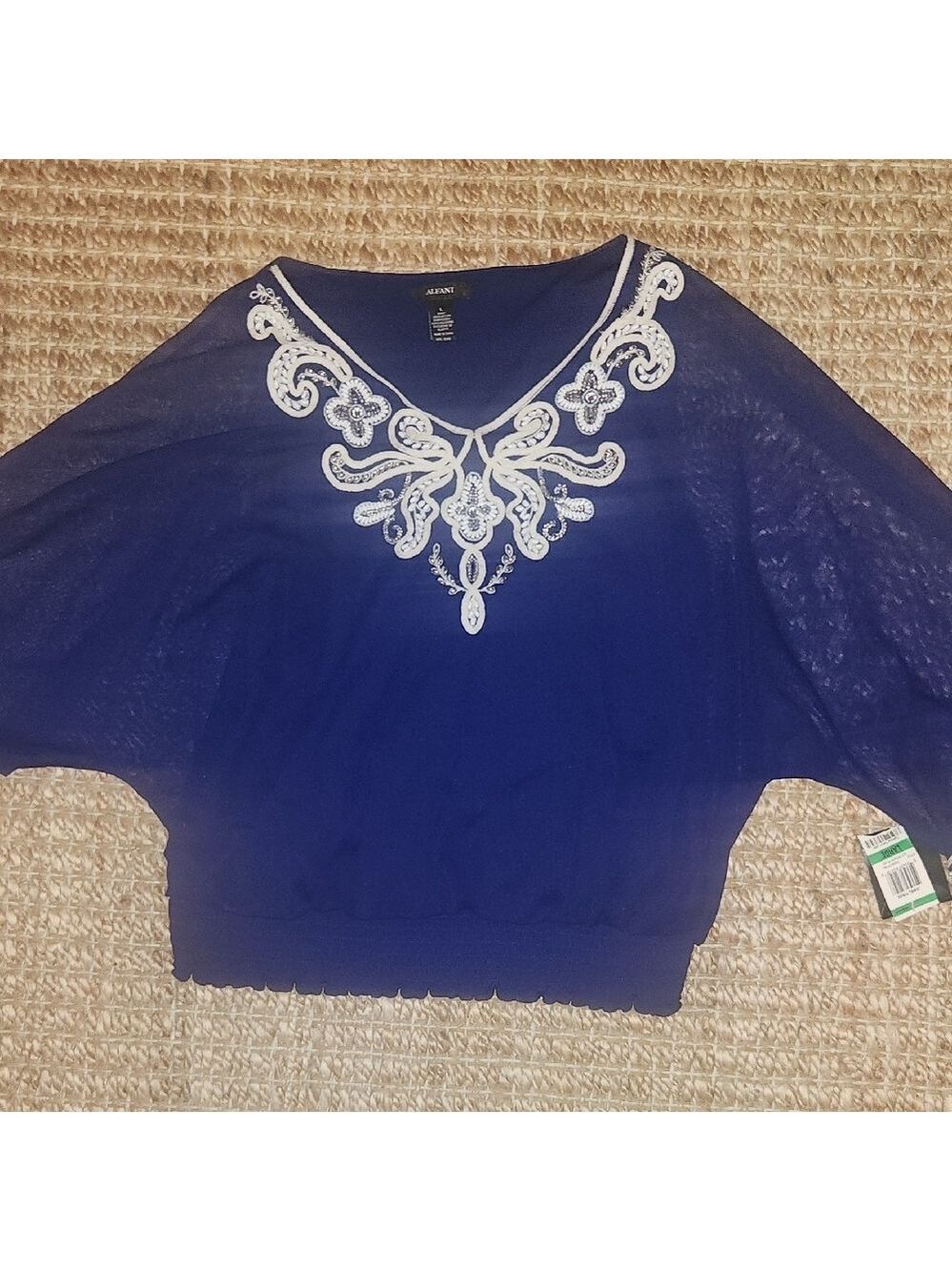 Alfani Colbalt Dressy Embroidered Sheer Blouse with White Beaded Detailing